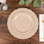 10-Pack Plastic 7" Round Dessert Plates in Taupe with Gold Vintage Embossed Rim - Sturdy Disposable Scalloped Edge Salad Plates