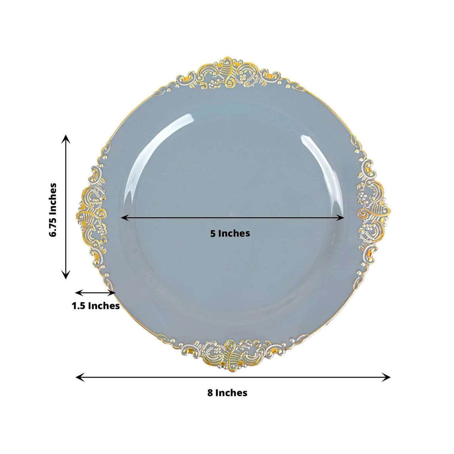 10-Pack Plastic 8" Round Dessert Plates in Dusty Blue with Gold Leaf Embossed Rim - Disposable Vintage Baroque Style Salad Plates