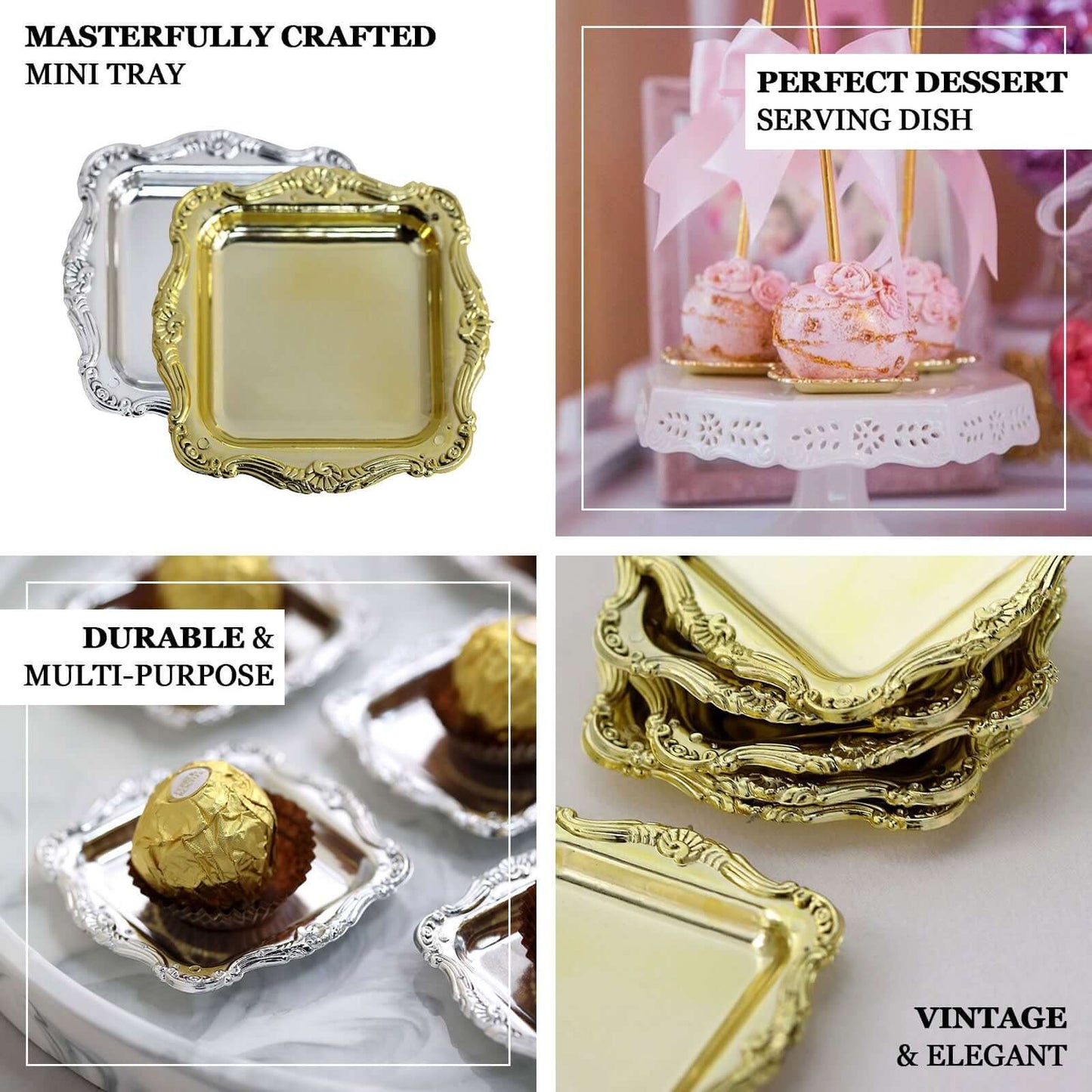 12 Pack 3" Gold Baroque Mini Square Sweet Treats Serving Platter, Party Favor Candy Display Tray