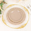 10-Pack Plastic 7" Round Dessert Plates in Taupe with Gold Vintage Embossed Rim - Sturdy Disposable Scalloped Edge Salad Plates