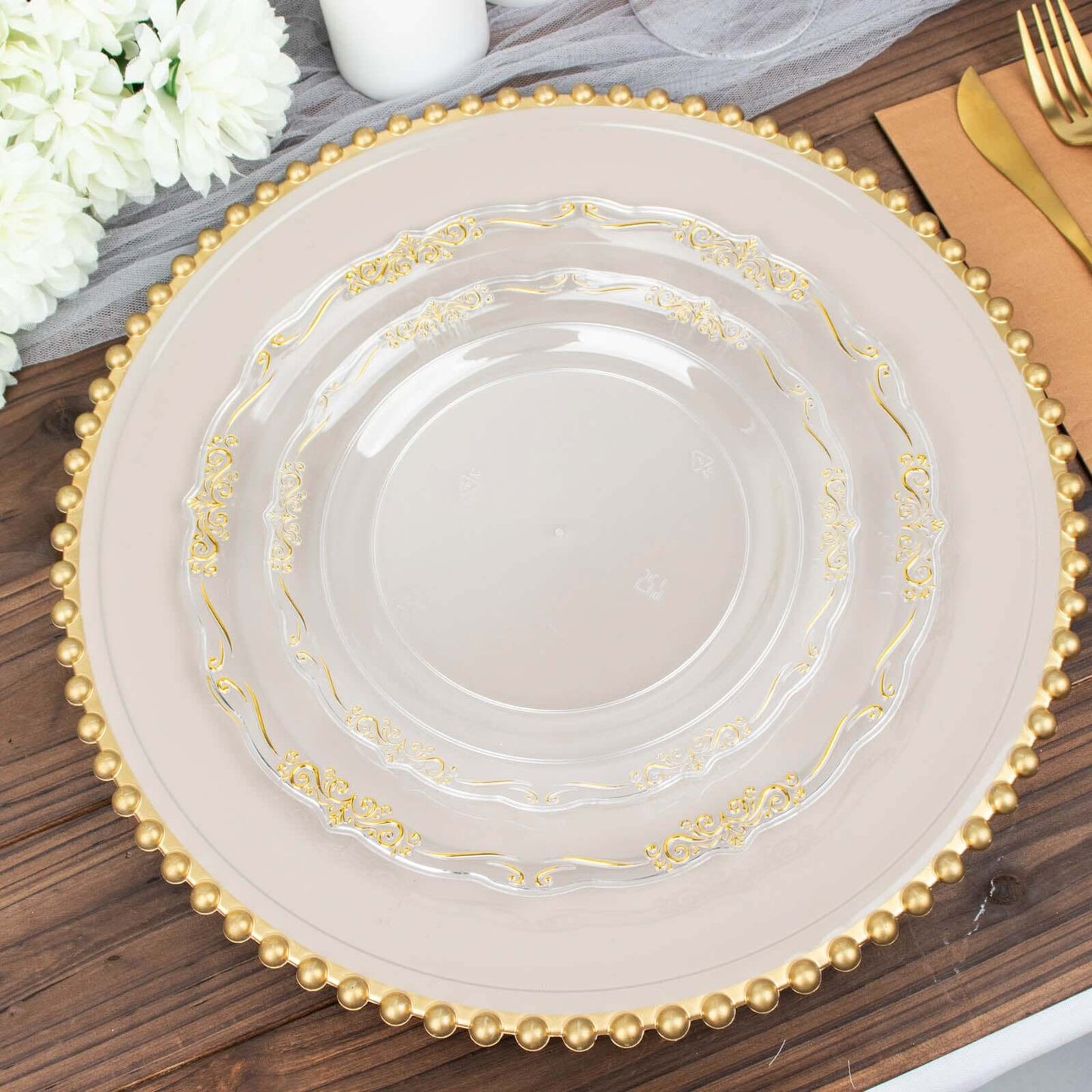 10-Pack Plastic 7" Round Dessert Plates in Clear with Gold Vintage Embossed Rim - Sturdy Disposable Scalloped Edge Salad Plates for Sophisticated Events & Celebrations