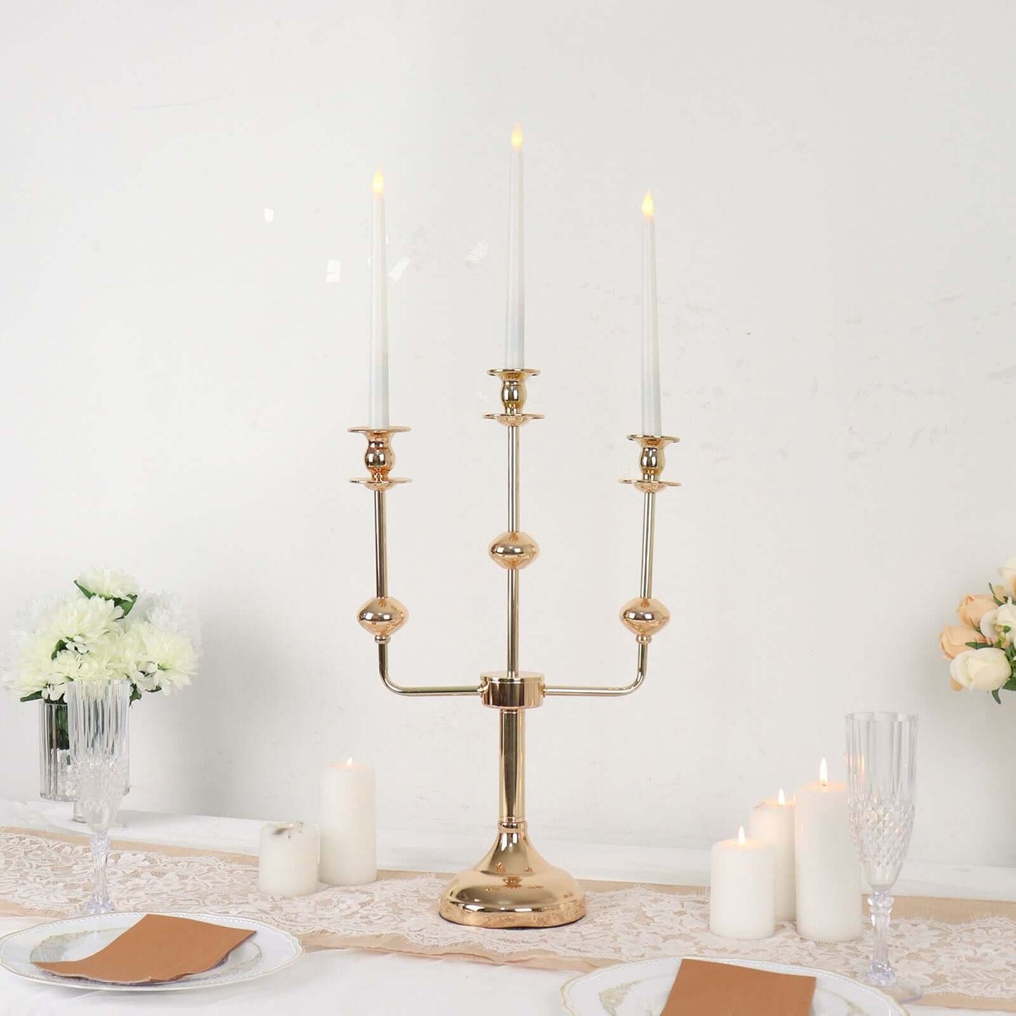 3-Arm Taper Candelabra Candle Holder Stand Gold Metal Wedding Centerpiece - Decorative Display 20"
