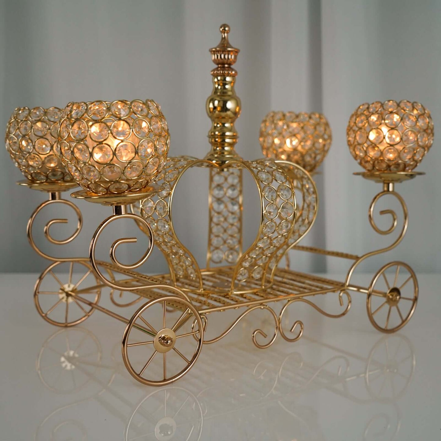 Candle Holder 4-Arm Gold Metal Crystal Cinderella Carriage Wedding Centerpiece - Decorative Display 18"