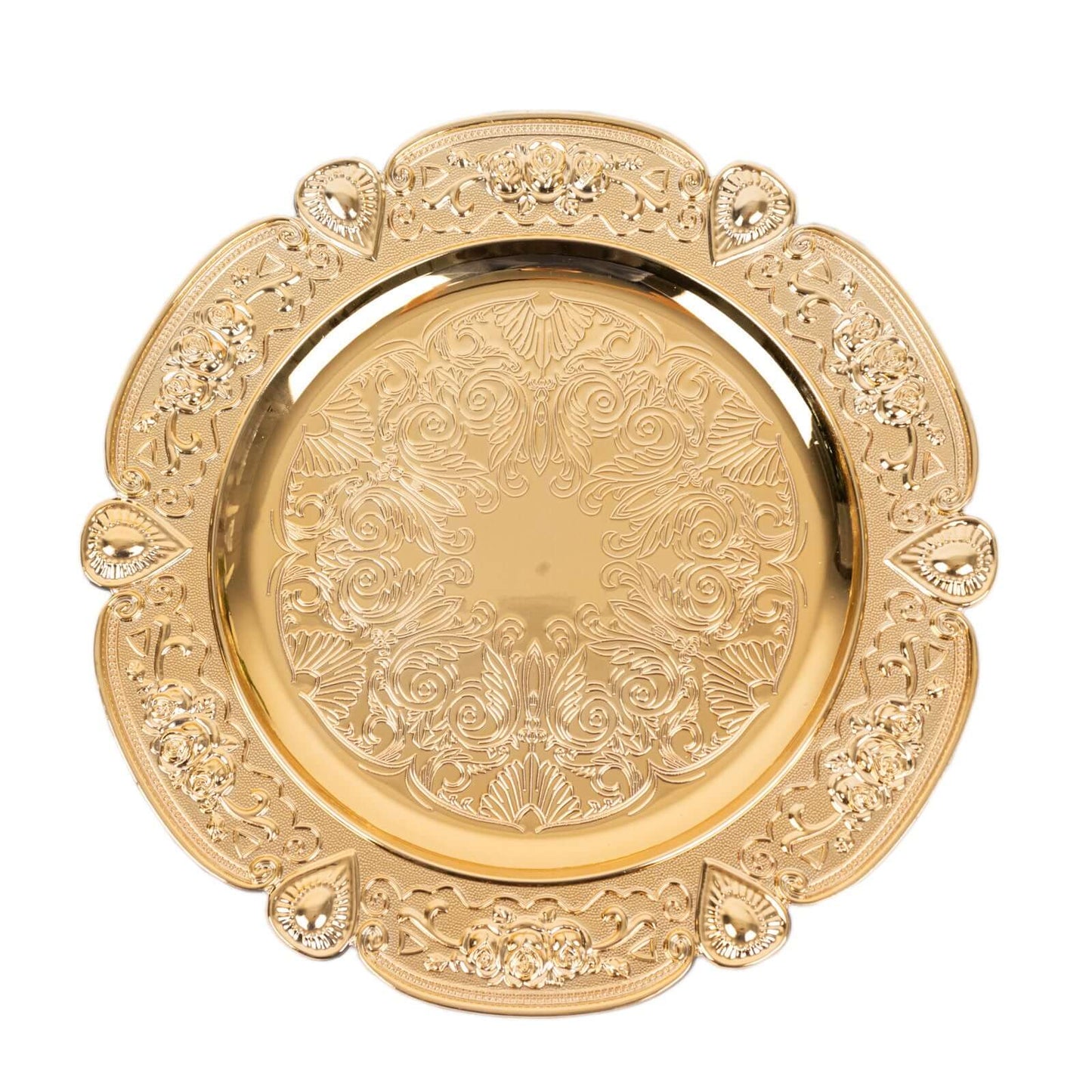 6-Pack Acrylic Round Charger Plates 13" in Gold Floral Embossed with Scalloped Rim, Plastic Decorative Charger Tableware