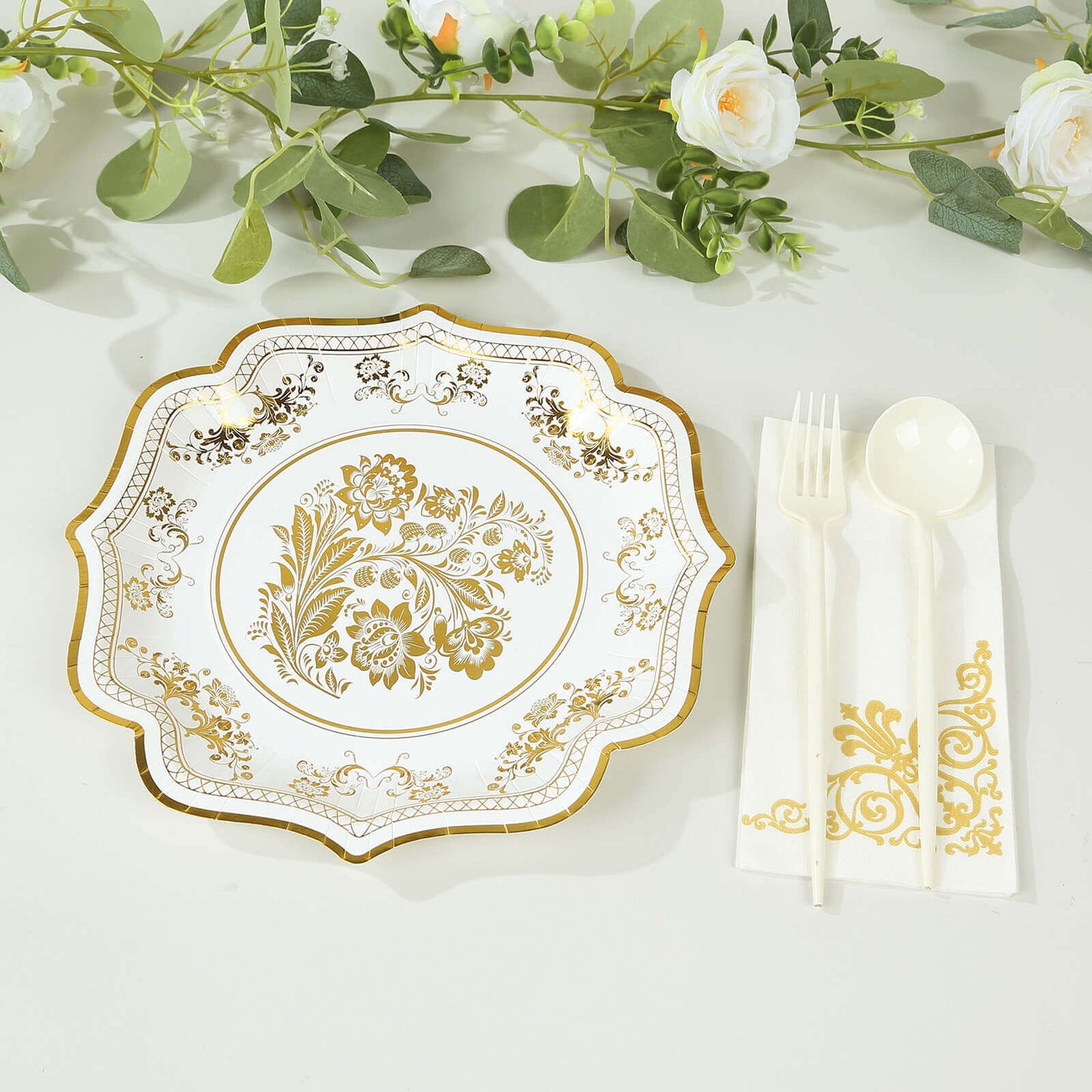 25-Pack Paper Dinner Plates in White Gold Damask Floral Print & Scallop Rim - Stylish Disposable 300GSM Floral Party Plates 10"