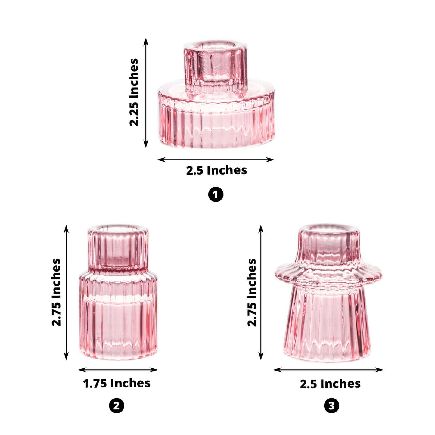 Set of 6 Glass Taper Candle Holders Ribbed Crystal Design Pink - Reversible Mini Votive Tealight Stands 3"