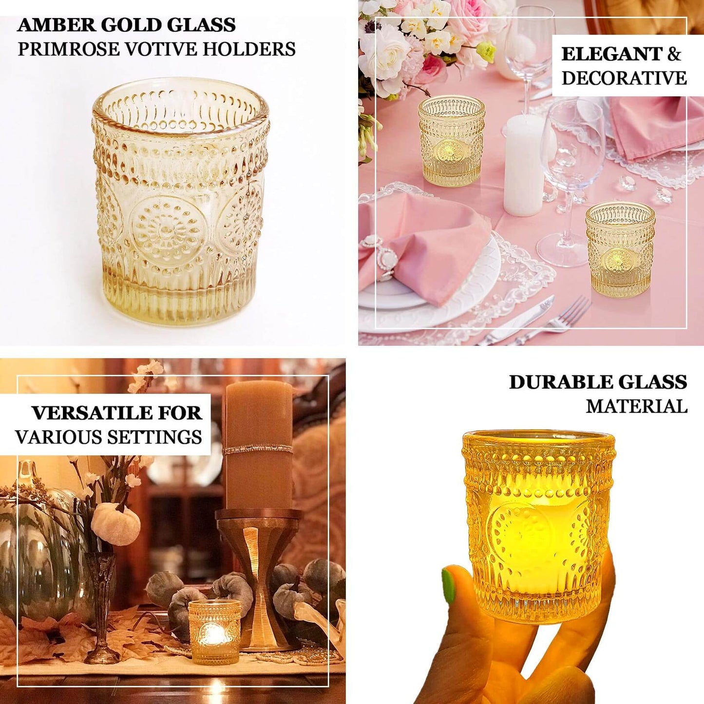 6-Pack Amber Gold Glass Votive Tealight Holders - Stylish Primrose Design for Weddings & DÃ©cor