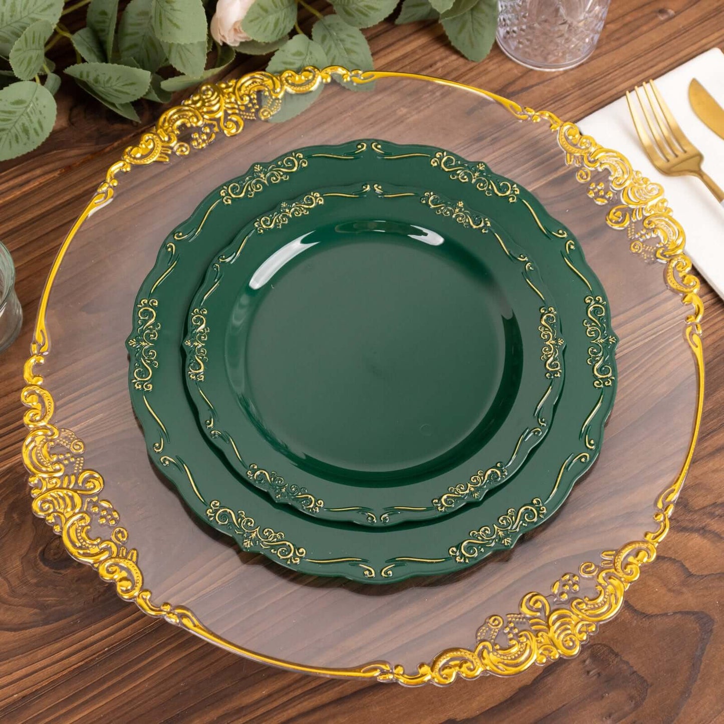 10-Pack Plastic 7" Round Dessert Plates in Hunter Emerald Green with Gold Vintage Embossed Rim - Sturdy Disposable Scalloped Edge Salad Plates