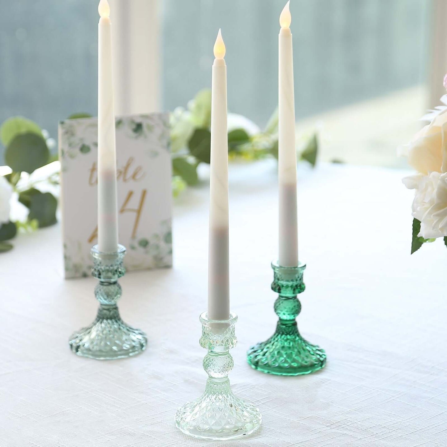 6-Pack Glass Taper Candlestick Holders Diamond Pattern Design Assorted Green - Reversible Crystal Pillar Votive Stands 4"