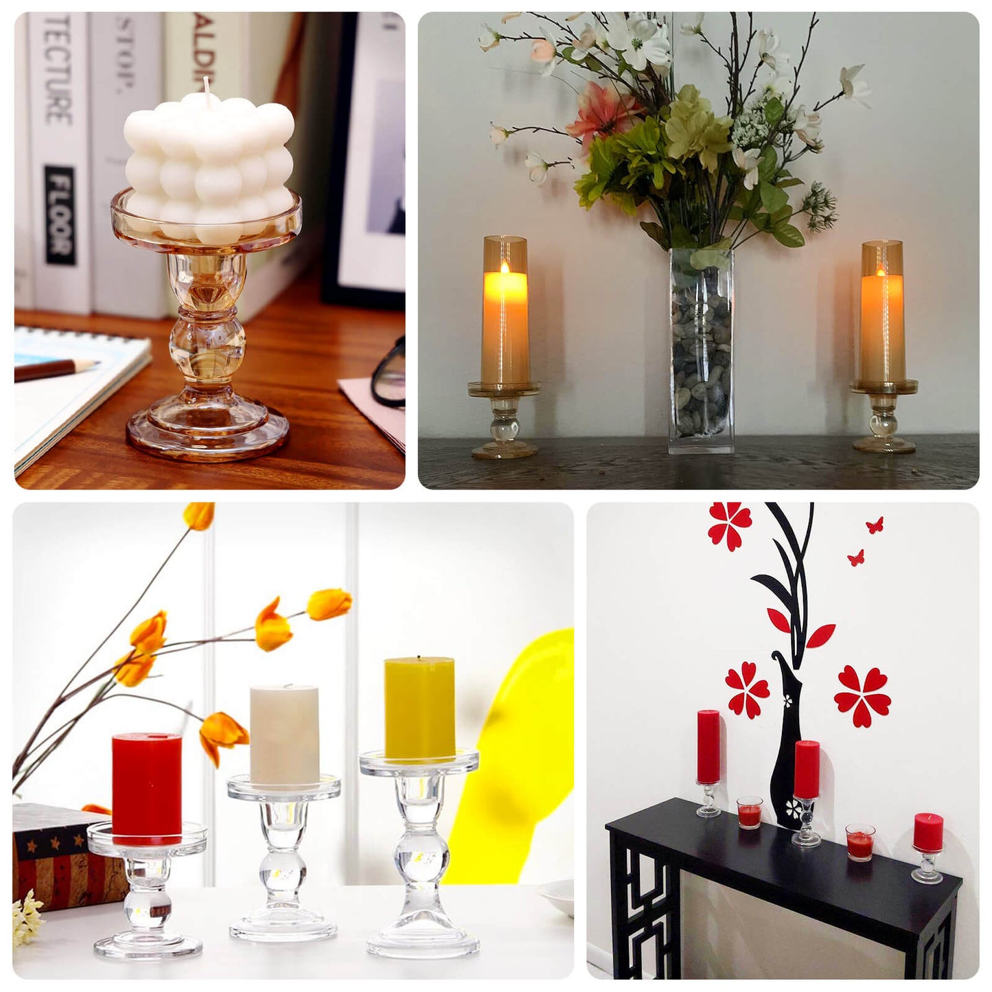 Set of 3 Glass Pillar Candle Holders Clear with Round Tray - Crystal Ball Stem Taper Candlestick Tea Light Stands 3.5", 4.5", 5.5"