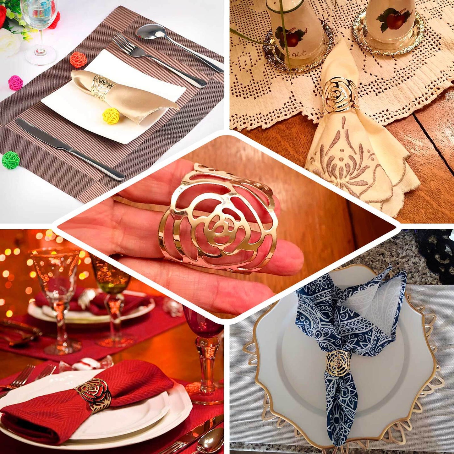 4 Pack Shiny Gold Laser Cut Rose Round Metal Napkin Rings, Decorative Flower Napkin Holders