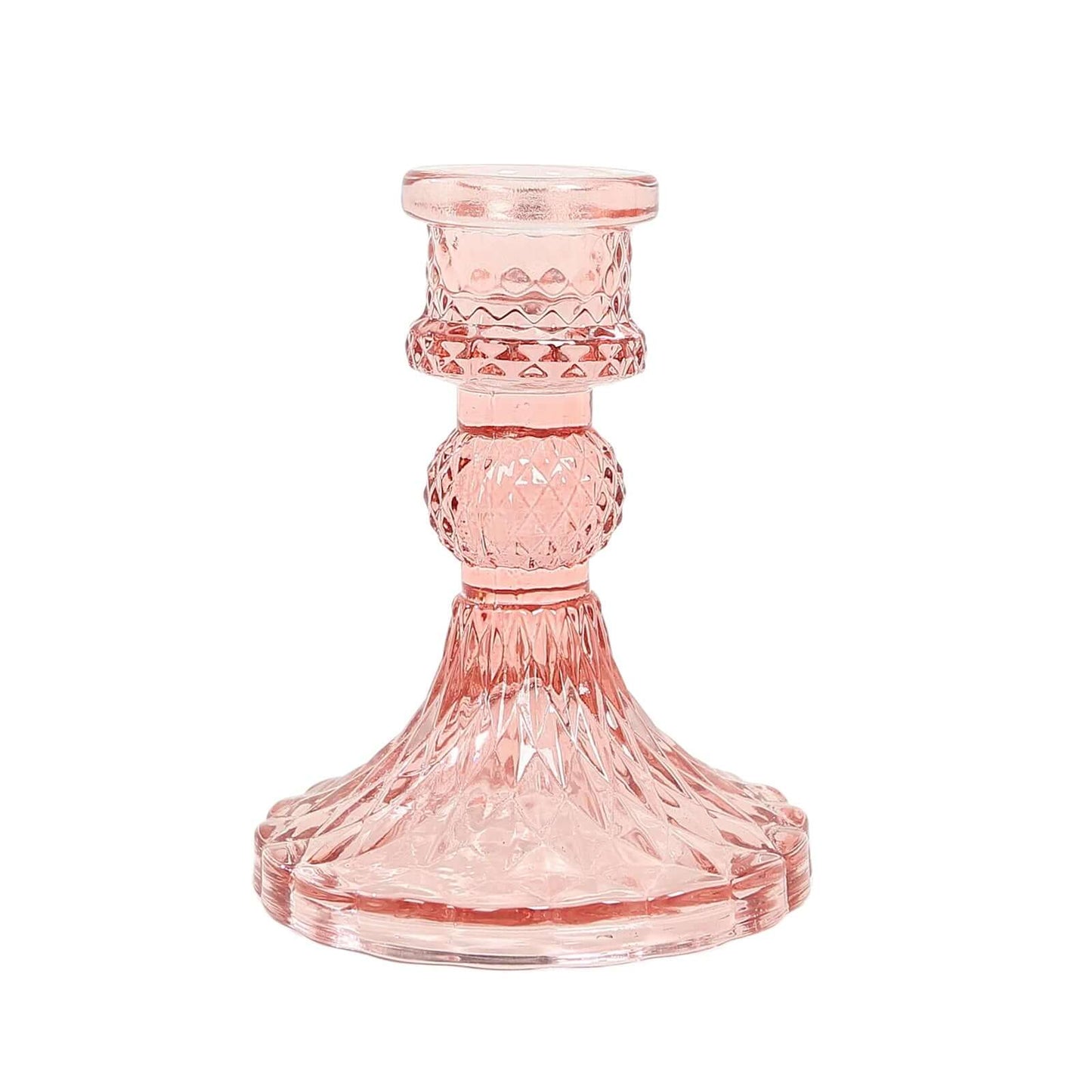 6-Pack Glass Taper Candlestick Holders Diamond Pattern Design Dusty Rose - Reversible Crystal Pillar Votive Stands 4"