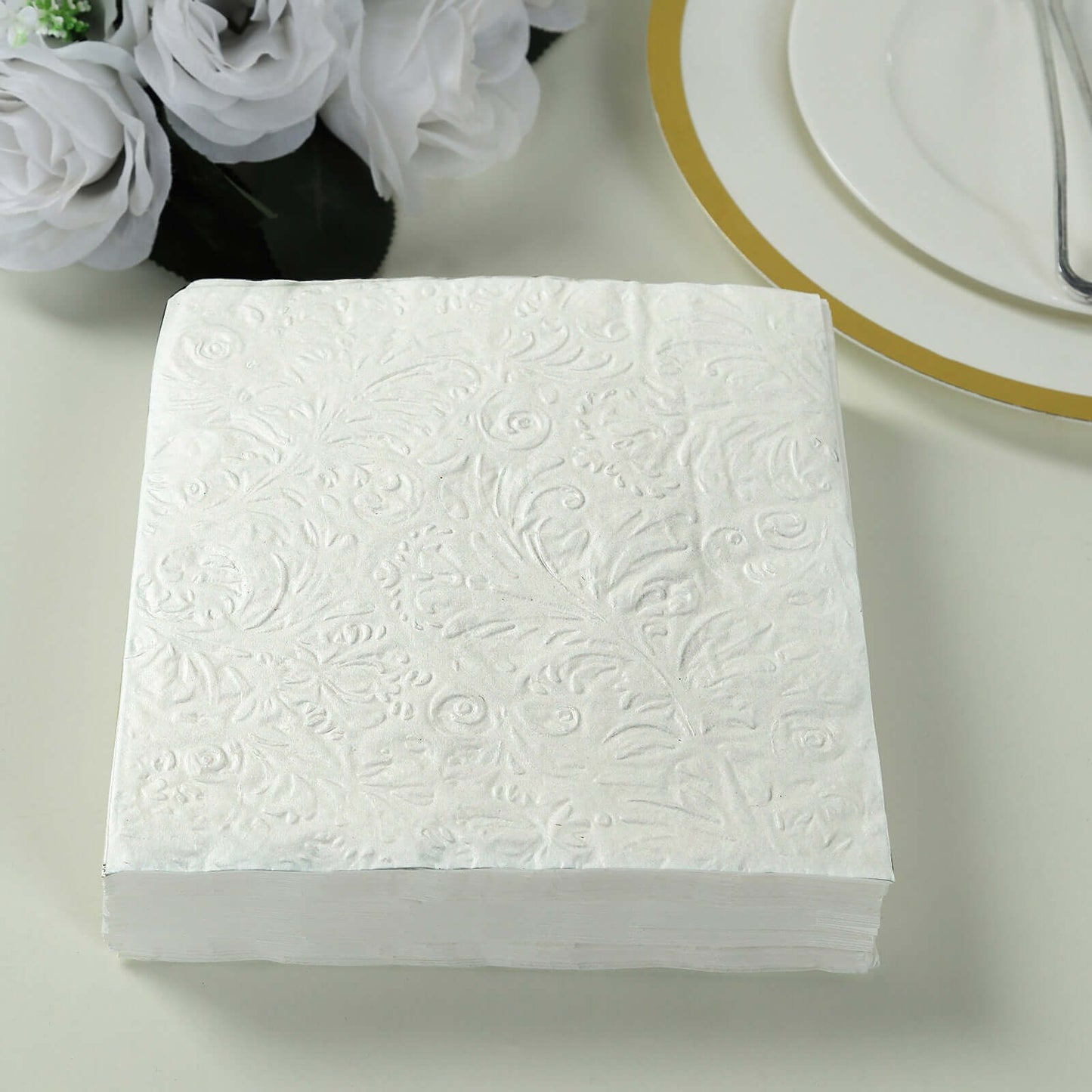 50-Pack Paper Cocktail Napkins with Embossed French Swirl Pattern White - Soft 2 Ply Beverage Napkins for Events 6.5"x6.5"