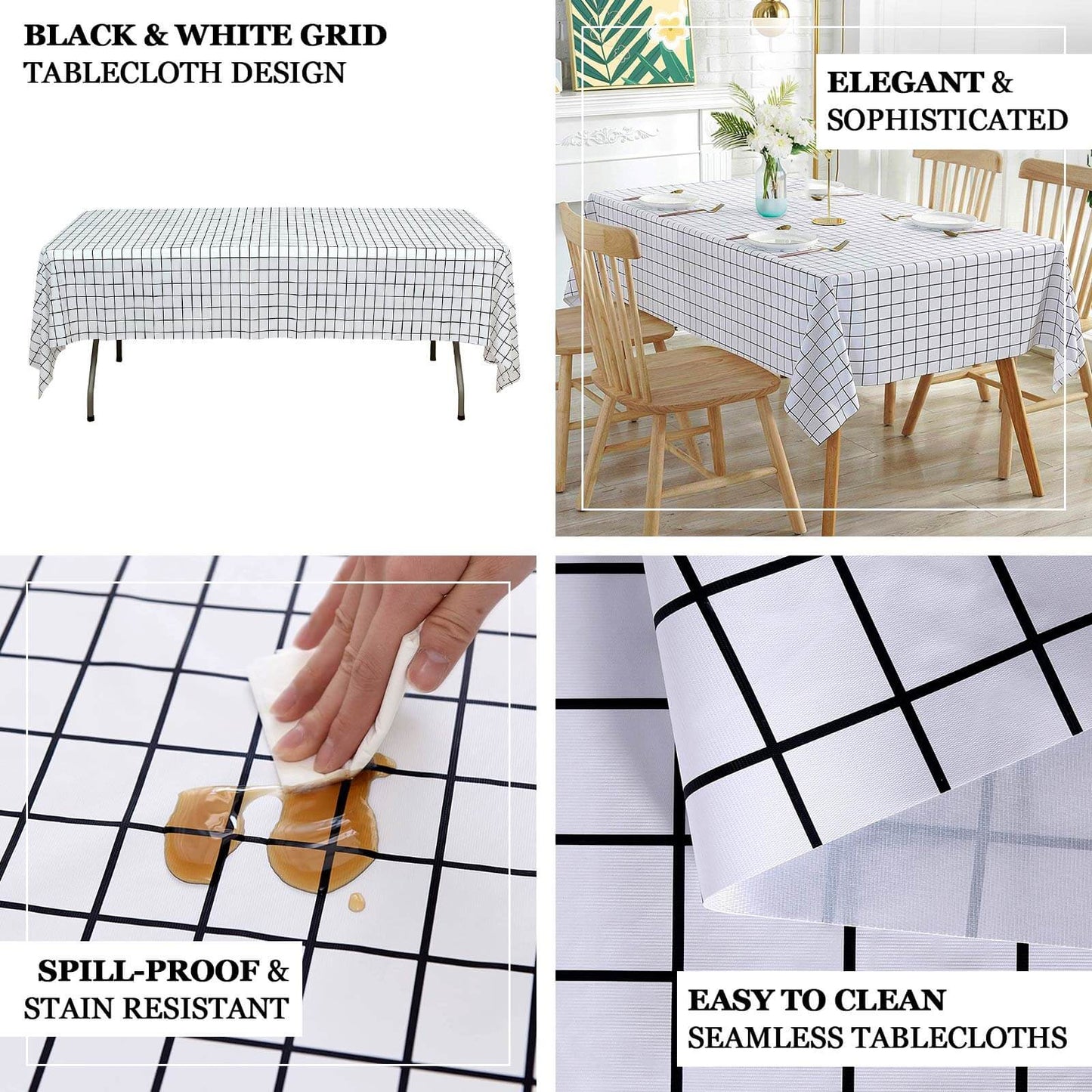 5-Pack Plastic Table Covers Black/White Grid Rectangle - Durable Checkered PVC Disposable Tablecloths 54"x108"