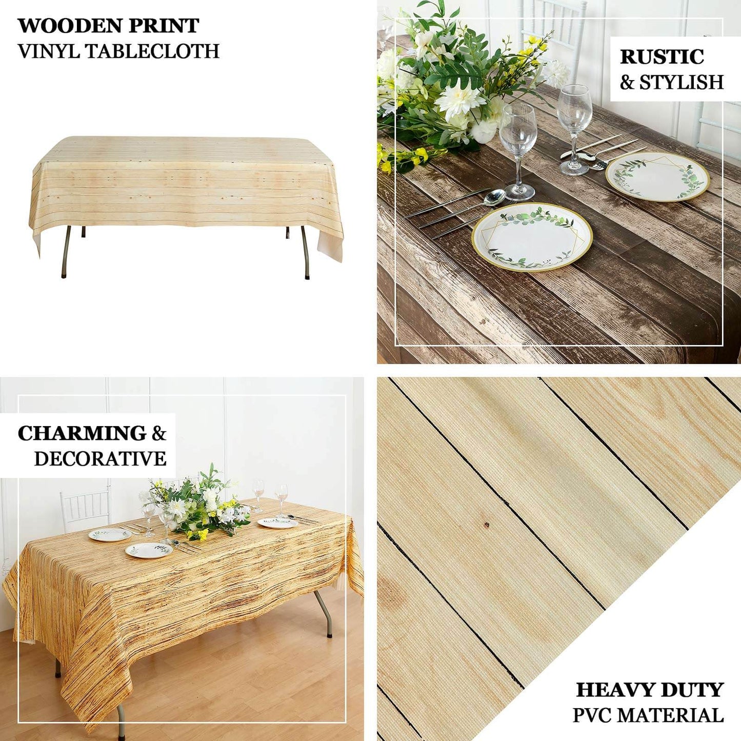 5-Pack Plastic Tablecloths Charcoal Gray Rectangle with Rustic Wooden Print - Stylish PVC Disposable Covers 52"x108"