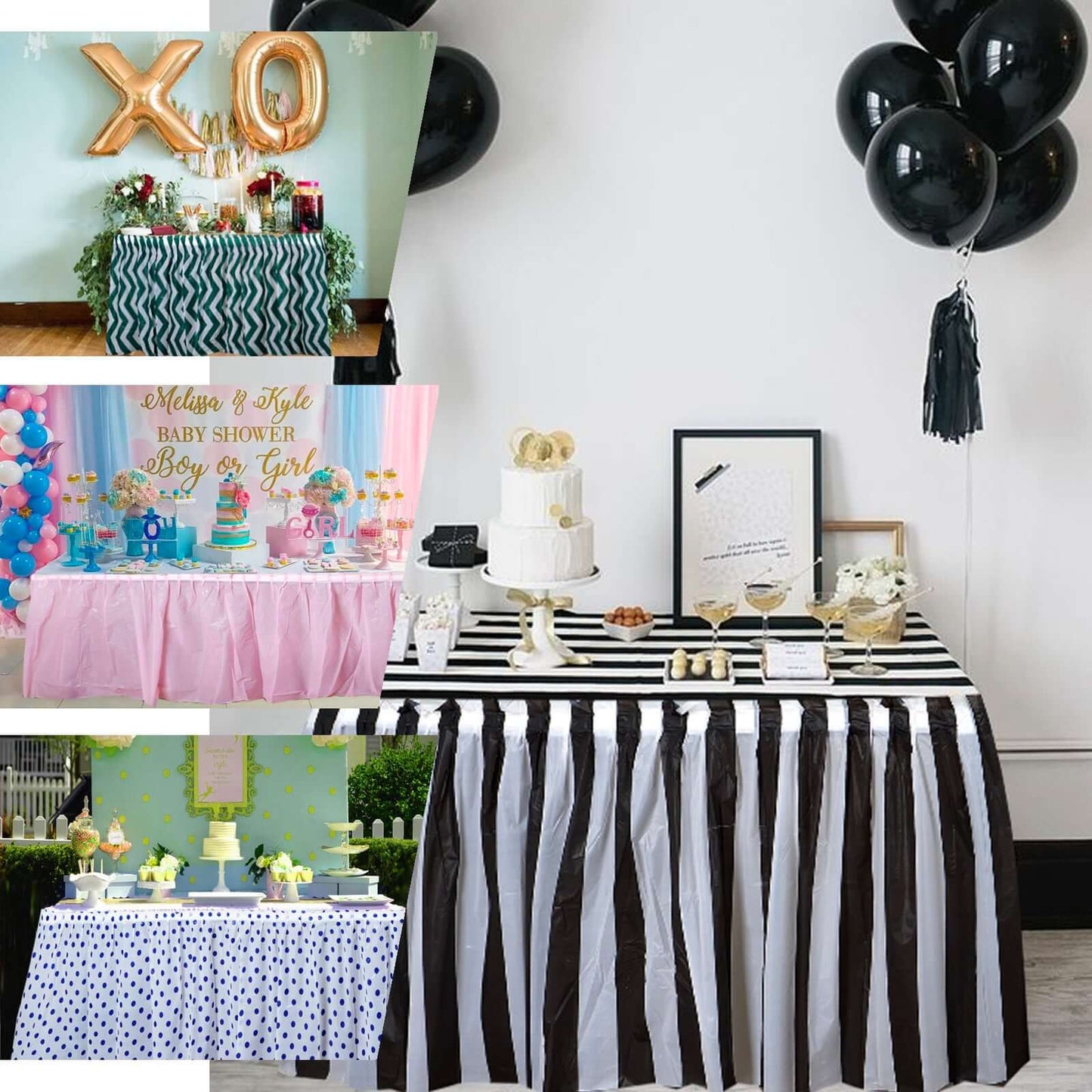 Plastic Table Skirt White/Black Stripe - Reliable Disposable Skirt for Parties 14ft 10 Mil