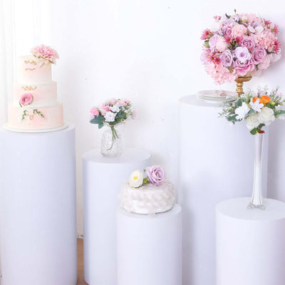 Set of 5 White Metal Cylinder Pillar Prop Stands For Wedding Aisle, Round Plinth Pedestal Display Boxes - 20",22",24",28",32"