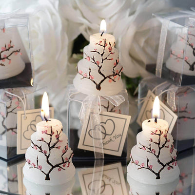 Wedding Cake Candle Cherry Blossom Design Gift Wrapped with Thank You Tag - Chic Party Favors for Special Occasions 2" - Linen Luxes