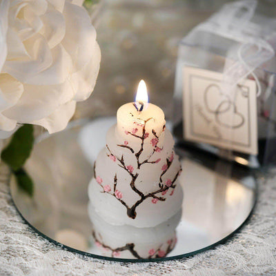 Wedding Cake Candle Cherry Blossom Design Gift Wrapped with Thank You Tag - Chic Party Favors for Special Occasions 2" - Linen Luxes