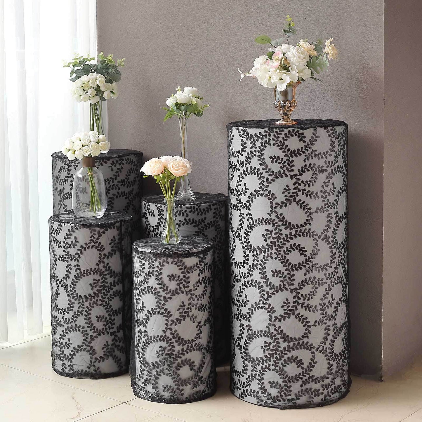 Set of 5 Black Sequin Mesh Cylinder Pedestal Stand Covers with Leaf Vine Embroidery, Sparkly Sheer Tulle Pillar Prop Covers
