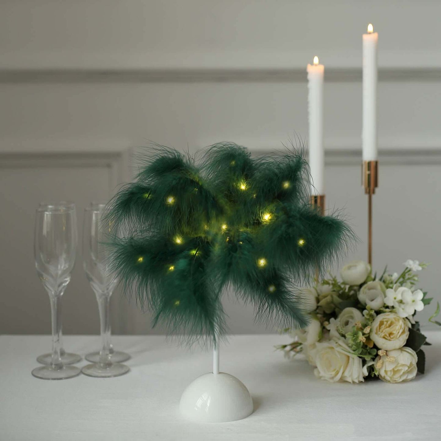 Table Lamp Feather Design Hunter Emerald Green LED Battery Operated - Cordless Wedding Centerpiece 15"