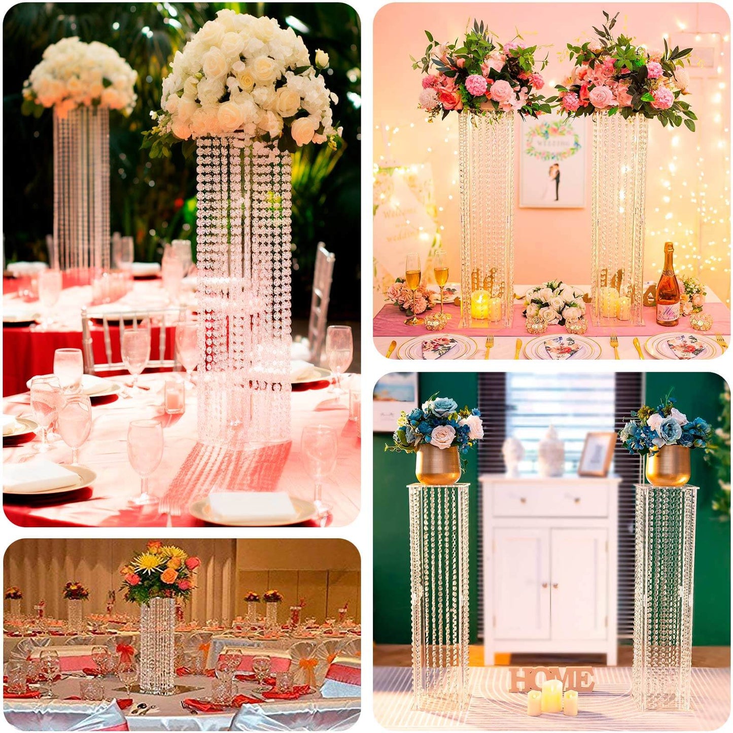 Acrylic Flower Pedestal Vase Pillar Stand with Crystal Beads Clear - Decorative Wedding Floor Centerpiece 32"