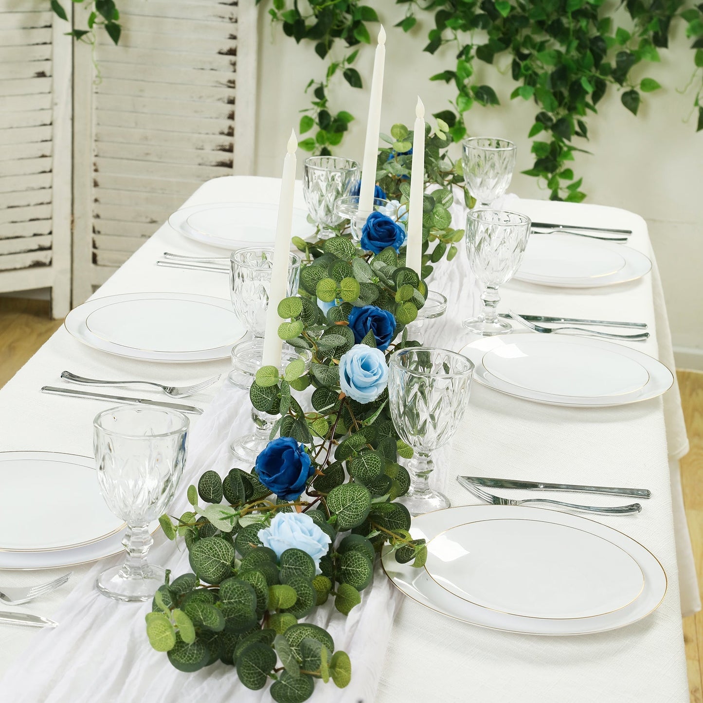 6ft Artificial Eucalyptus Garland with Royal Blue/Light Blue Silk Roses â€“ Faux Greenery Vine