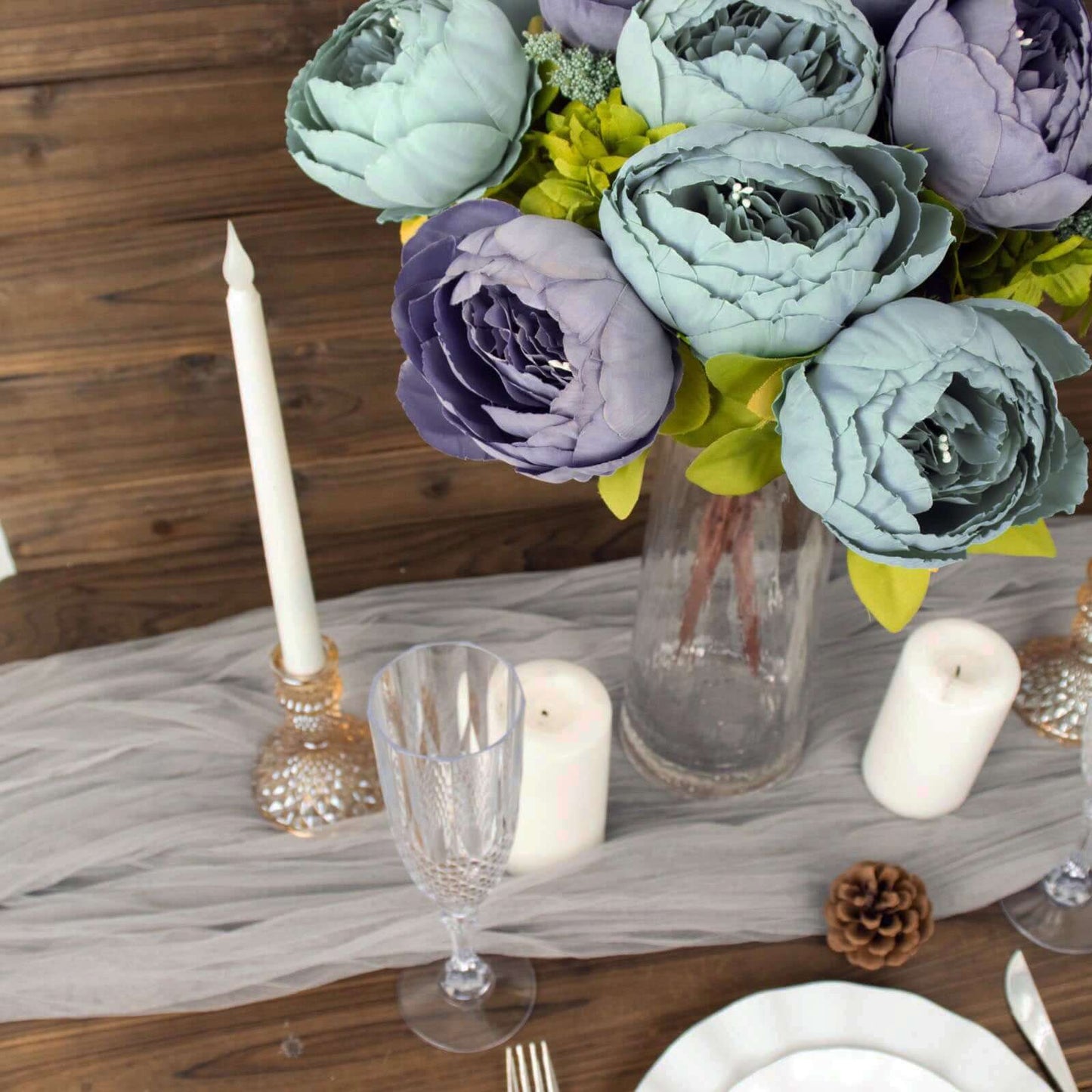 2 Pack 19" Dusty Blue Artificial Peony Flower Wedding Bouquets, Faux Silk Flower Arrangements