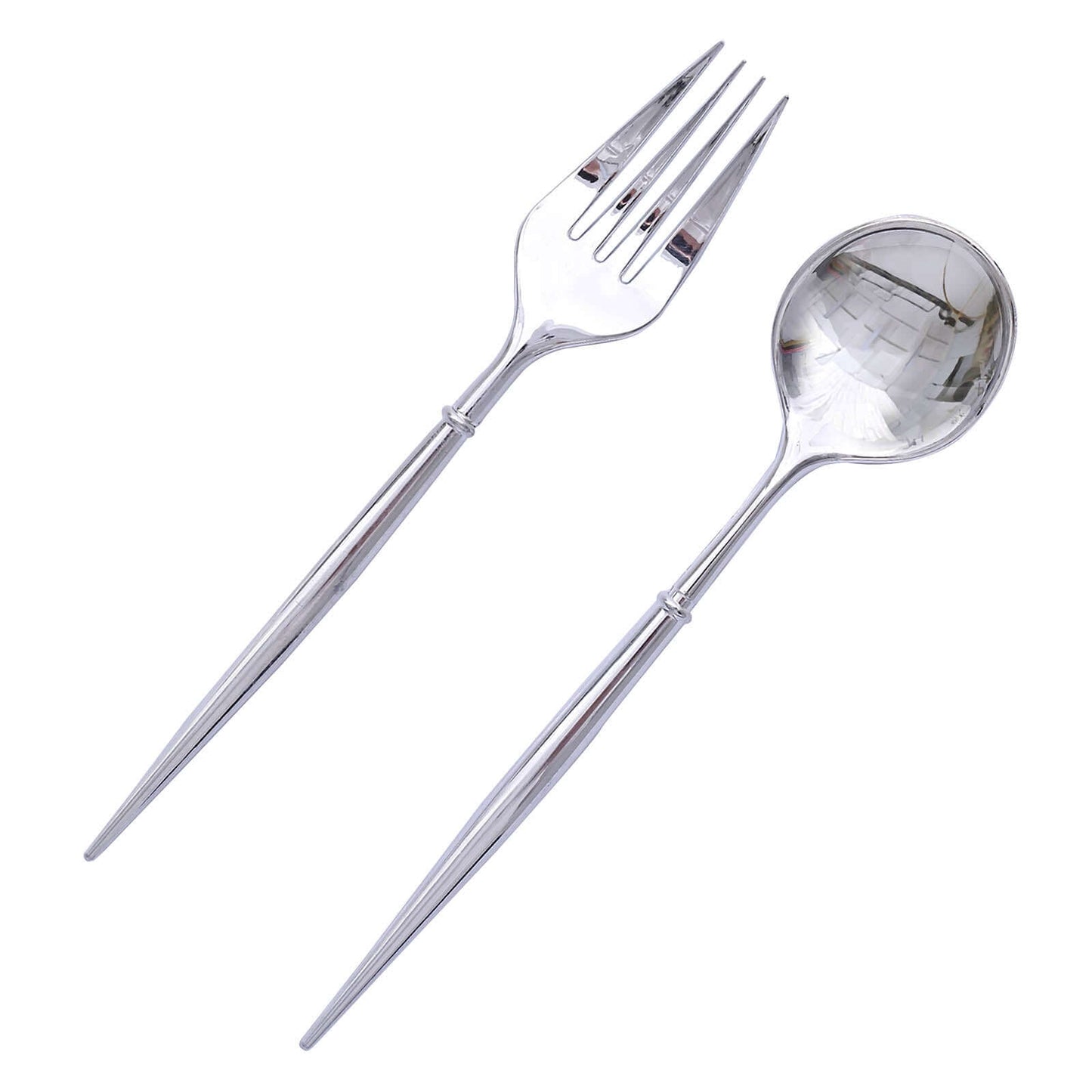 24-Pack Plastic Fork and Spoon Set Metallic Silver - Heavy Duty Disposable Modern Utensils 6"