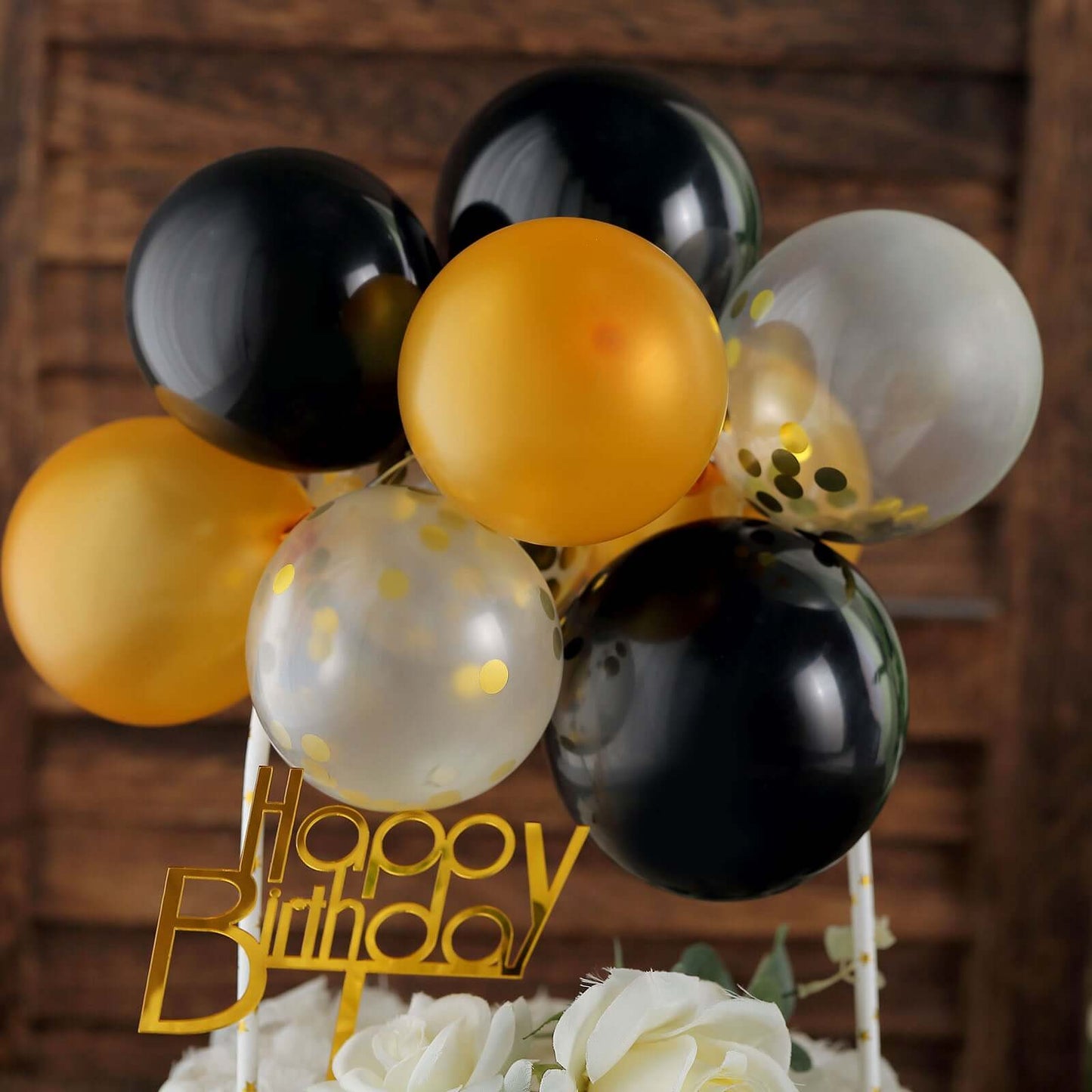 11 Pcs Balloon Cake Topper Black, Clear and Gold - Whimsical Clustered Mini Garland Cake Inserts DIY Party Decorations
