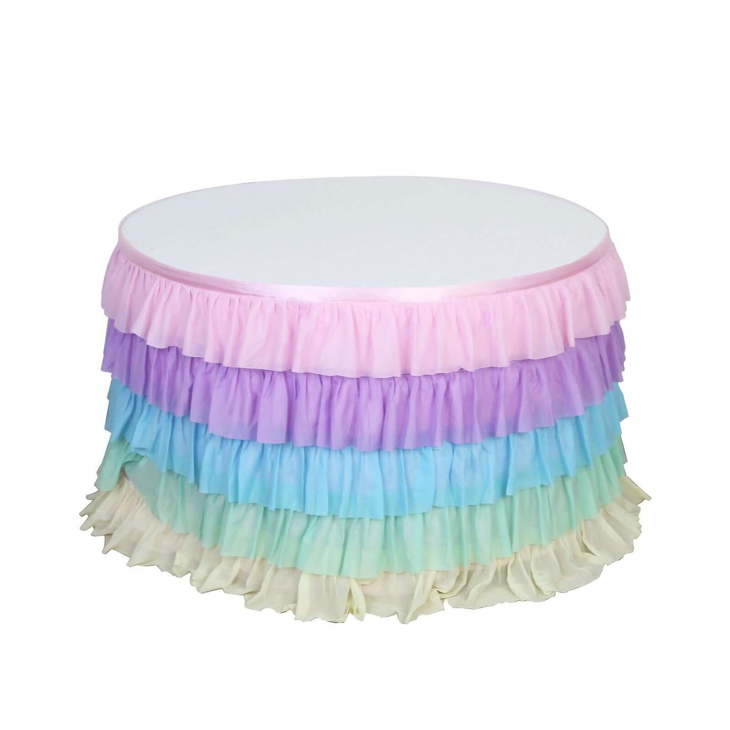 Chiffon 14ft Table Skirt Gradient Unicorn - 5-Tier Ombre Ruffled Tutu Table Cover with Satin Backing for Enchanting Events