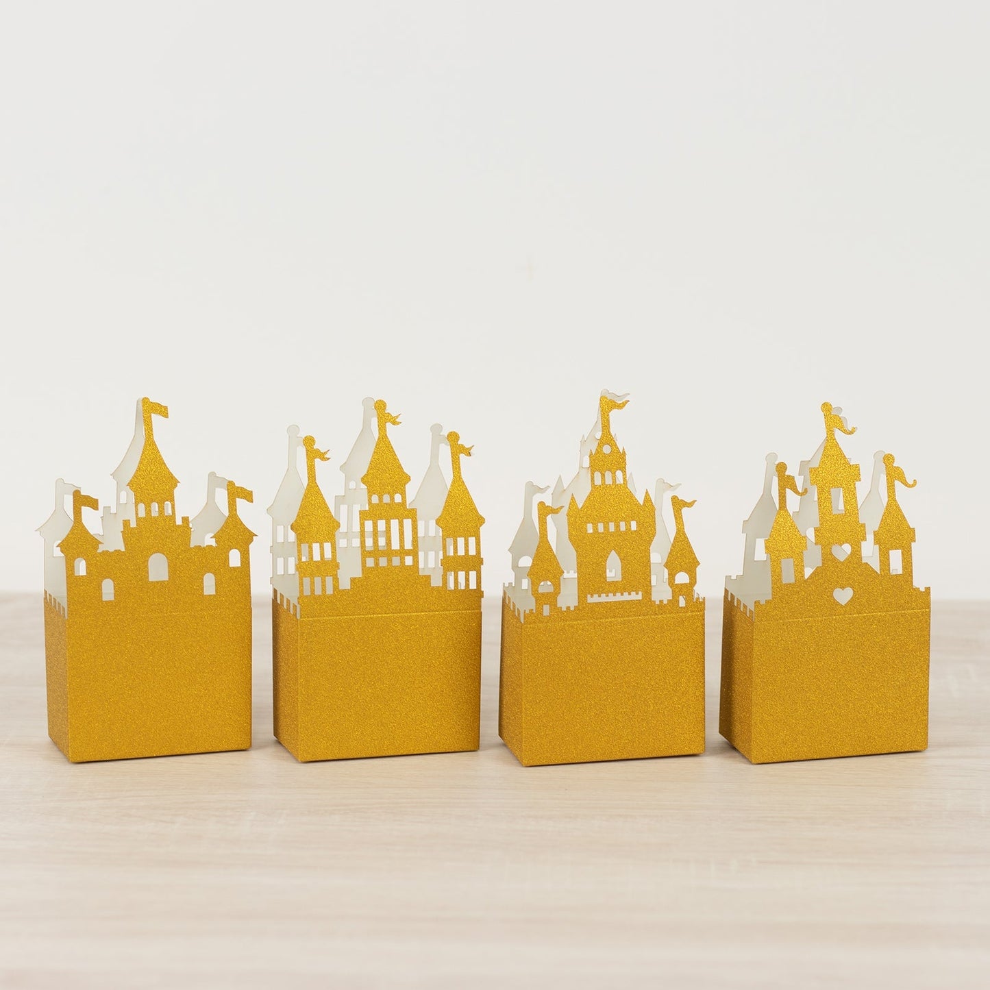 20 Pack Gold Glitter Fairy Tale Castle Favor Boxes, Princess Theme Cardstock Paper Candy Boxes Party Decorations - 3.5"x2"x6.5"