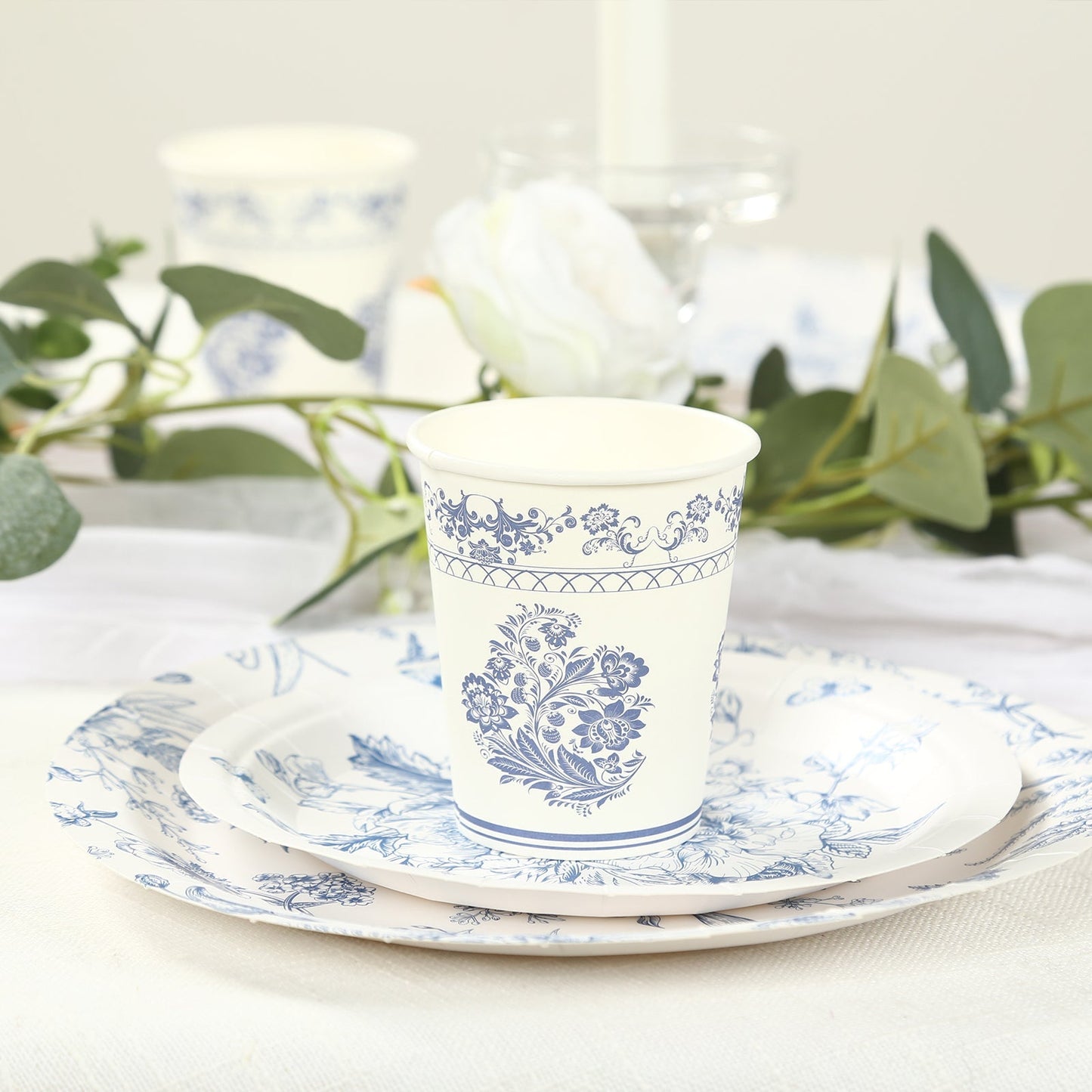 24 Pack Disposable Paper Cups in White Royal Blue Damask Floral Pattern, Elegant Party Cups - 9oz