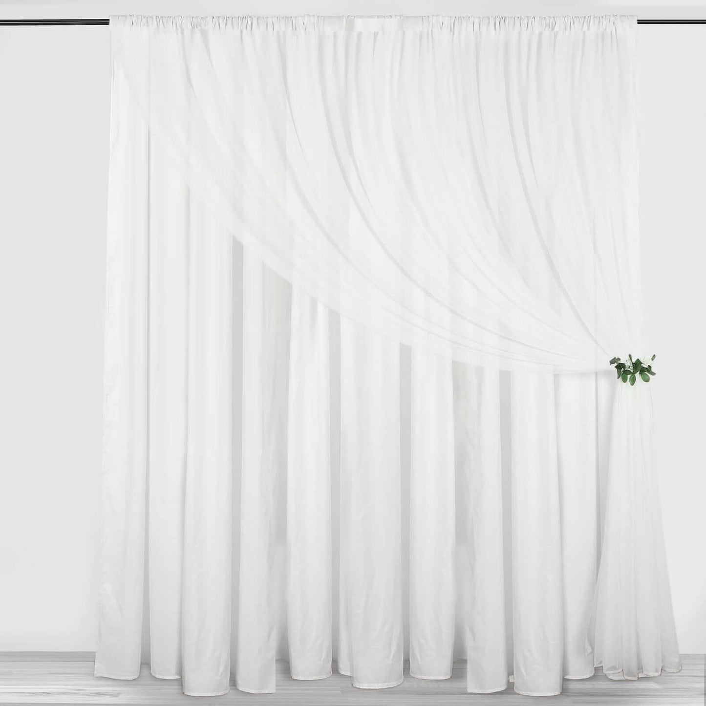 White Chiffon Polyester Event Curtain Drapes, Dual Layer Divider Backdrop Curtain Panels with Rod Pockets - 10ftx10ft