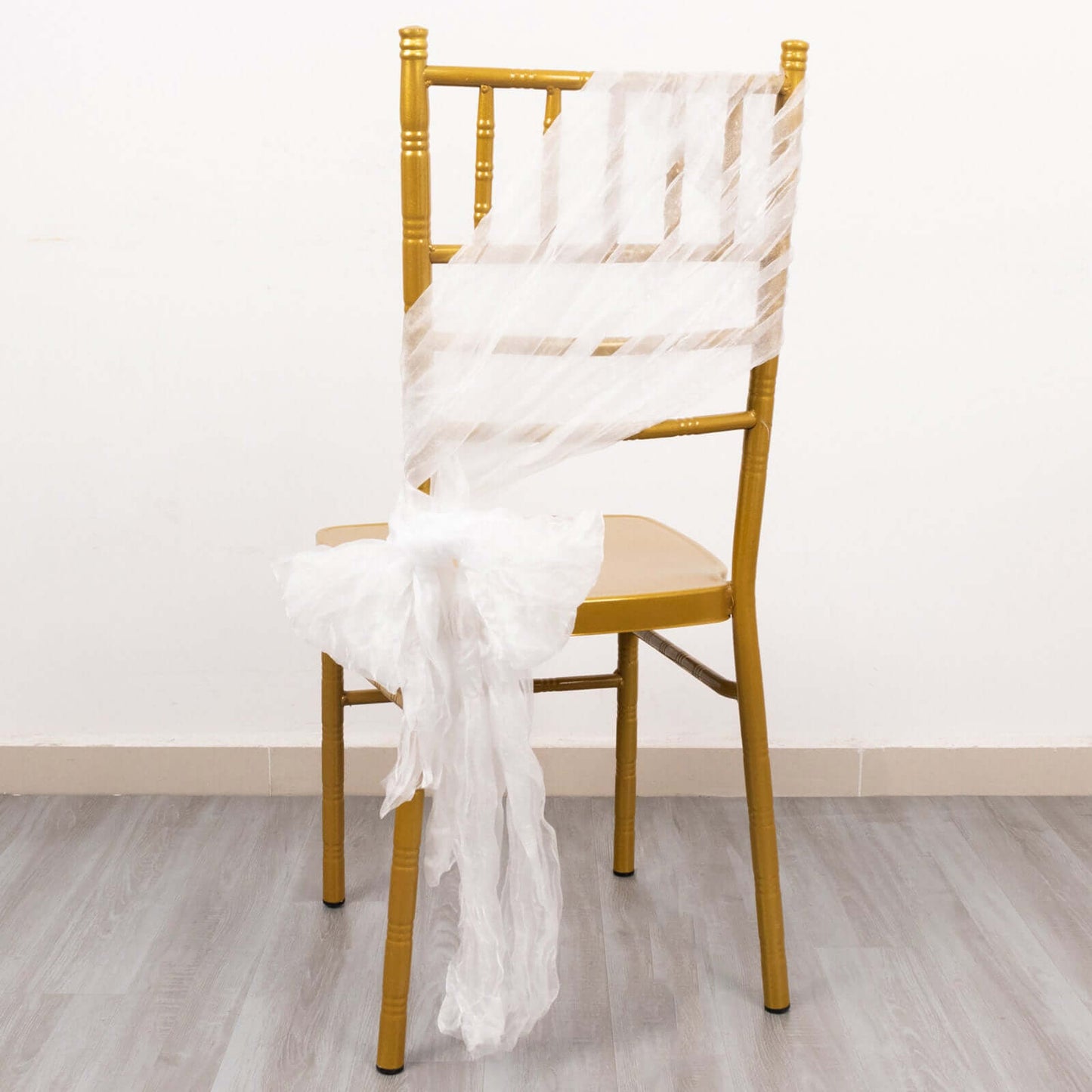 5 Pack Crinkled Organza Chair Sashes White with Shimmer Chiffon Layers - Stylish Sheer Decor for Weddings & Gatherings