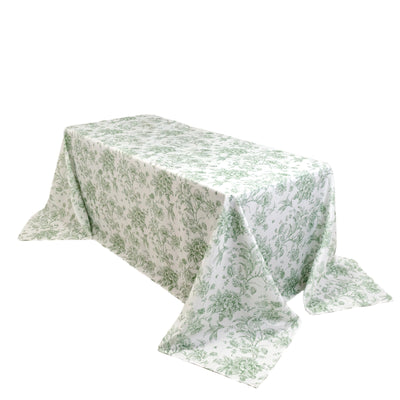 Polyester 90"x132" Rectangle Tablecloth White - Seamless Dusty Sage Green French Toile Pattern for Formal Celebrations