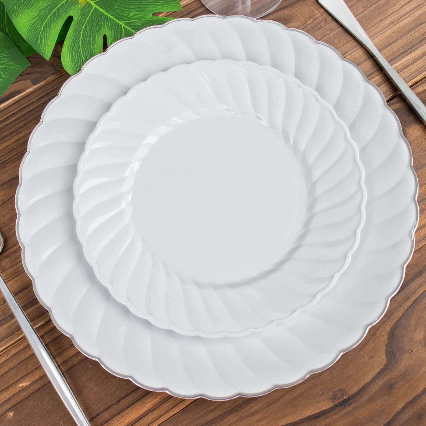 12-Pack Plastic Dessert Plates White Flair Rim - Sturdy Disposable Salad Plates 7.5"