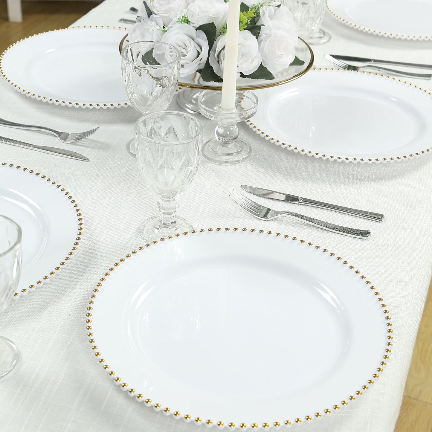 10-Pack Economy Round Plastic Charger Plates 13" in White with Gold Beaded Rim, Stylish Dinner Party Serving Plates