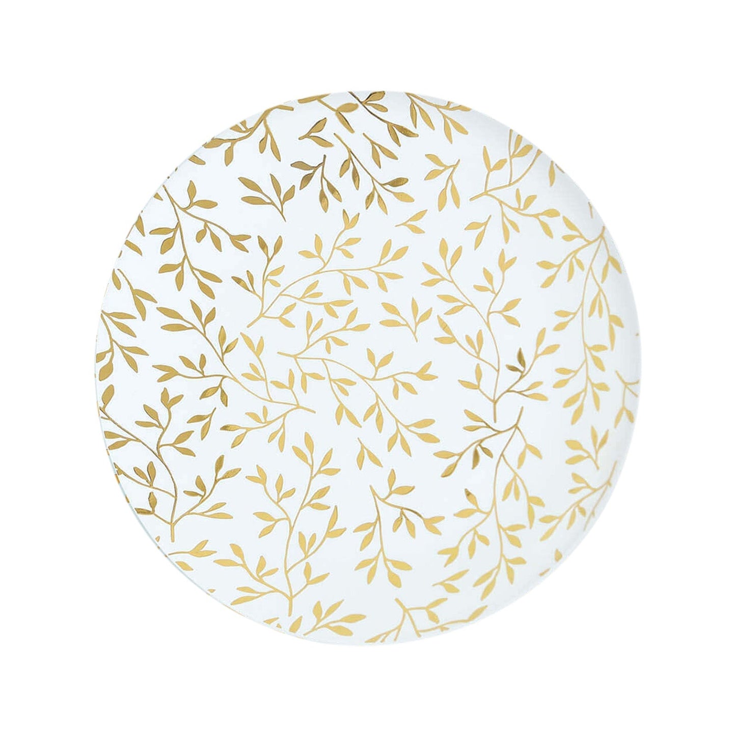 10-Pack Plastic 8" Round Salad Dessert Plates in White with Gold Leaf Design - Heavy Duty Disposable Party Plates for Stylish Events & Memorable Gatherings