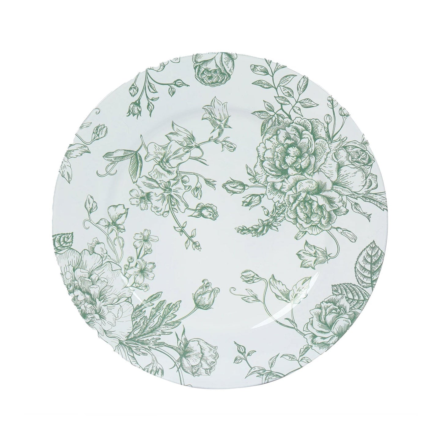 6 Pack Round Floral Acrylic Charger Plates in French Toile Pattern, 13" White Sage Green Dinner Charger Event Tabletop Decor