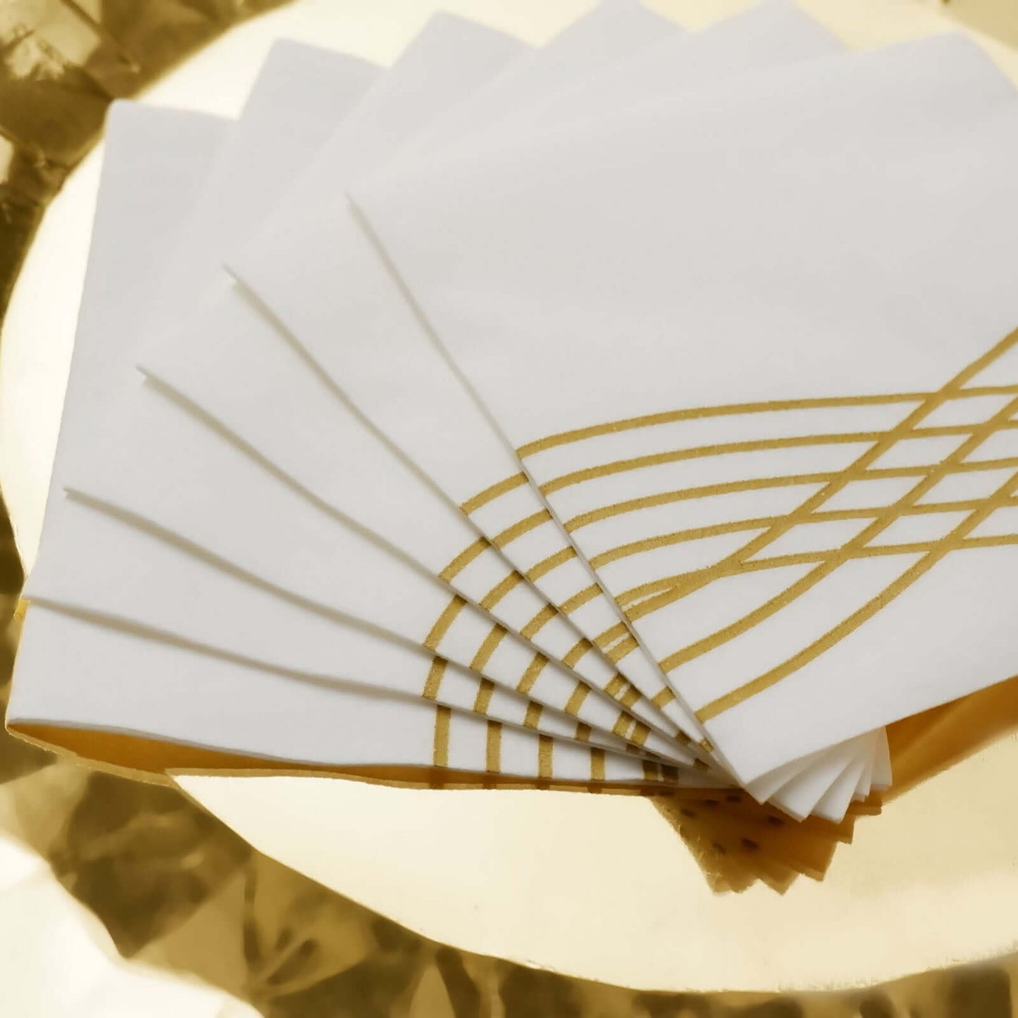 20 Pack Linen-Like Paper 5"x5" Napkins White with Gold Foil Wave Design - Classy Disposable Airlaid Cocktail Napkins