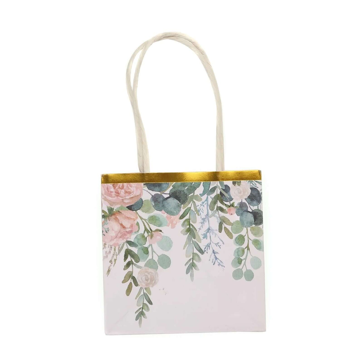 12 Pack White Pink Peony Flower Paper Party Favor Bags With Handles, Small Gift Goodie Bags With Gold Edge - 4"x4"
