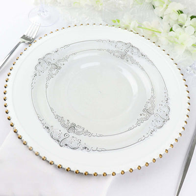 10-Pack Plastic 8" Round Dessert Plates in Clear with Silver Leaf Embossed Rim - Disposable Vintage Baroque Style Salad Plates