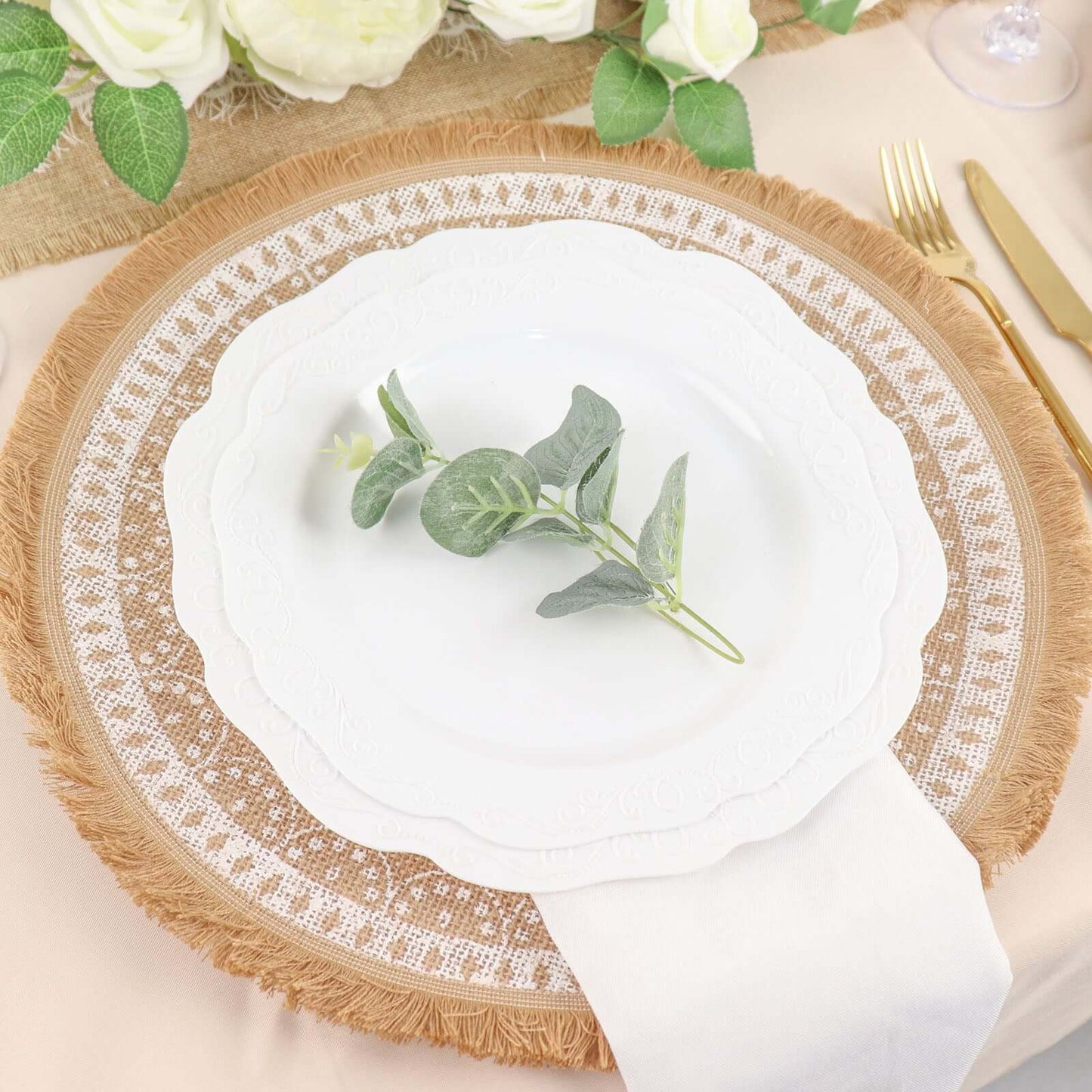 4-Pack Placemats Fringe Print Design Natural Jute and White Round - Rustic Burlap Woven Style 15"