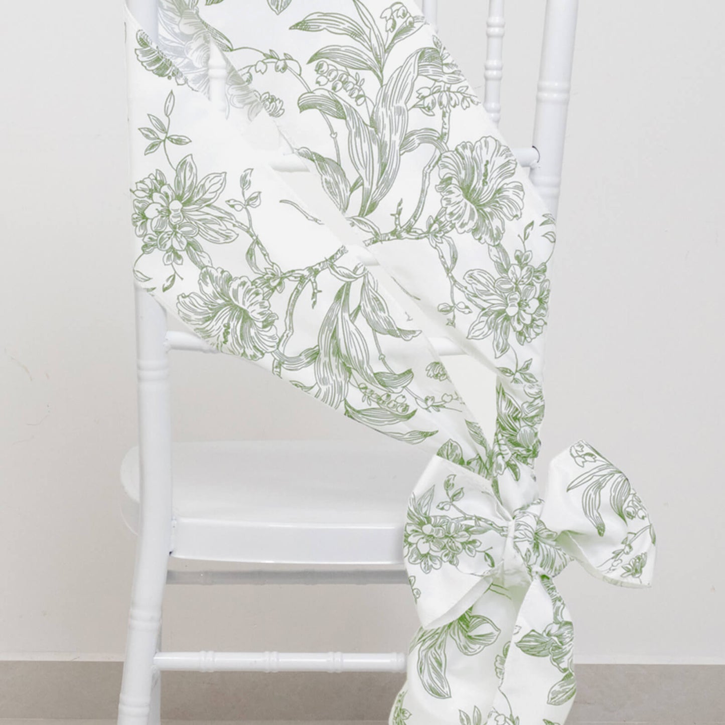 Polyester Chair Sashes White Dusty Sage Green French Toile Floral Design - Wrinkle-Resistant & Durable Chair Bows 6"x108"