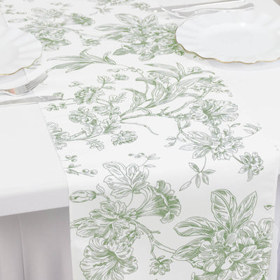 Polyester Table Runner 12"x108" White with Dusty Sage Green French Toile Floral Print Reusable Table DÃ©cor