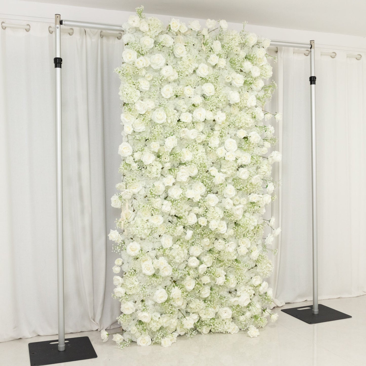 8ftx4ft Roll Up Artificial Flower Wall Panel Backdrop with White Silk Roses & Baby's Breath