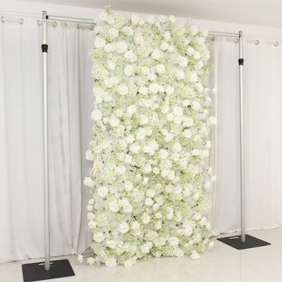 8ftx4ft Roll Up Artificial Flower Wall Panel Backdrop with White Silk Roses & Baby's Breath