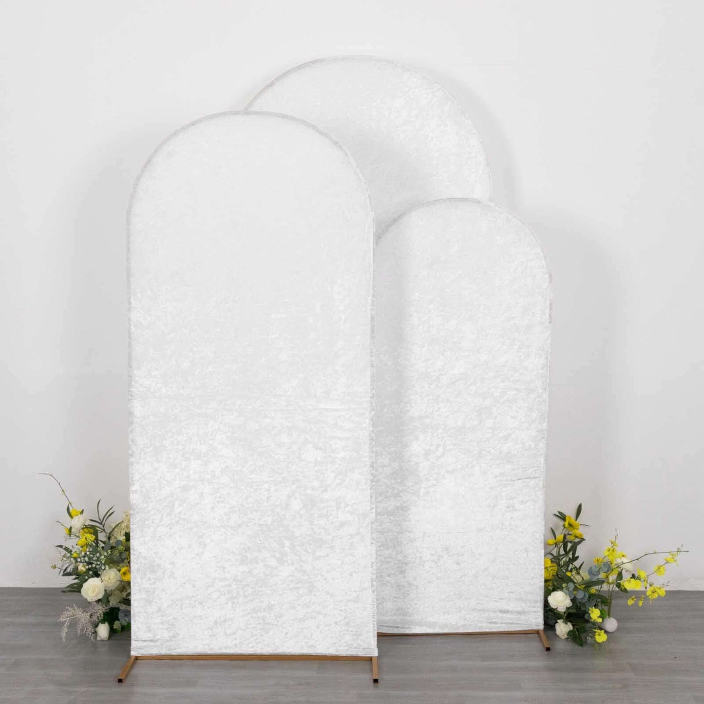 Set of 3 White Crushed Velvet Chiara Backdrop Stand Covers For Round Top Wedding Arches - 5ft, 6ft, 7ft