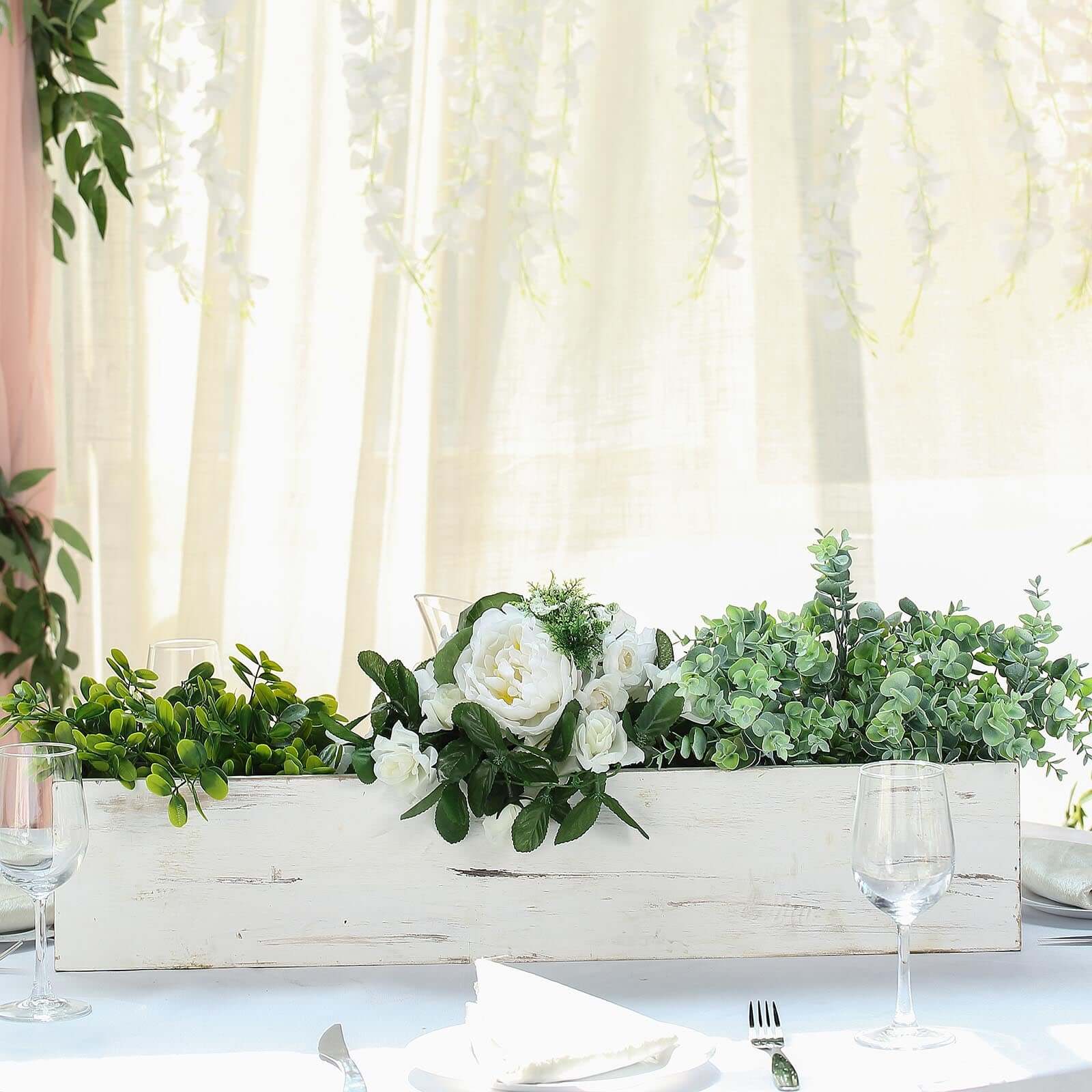 White Wood Planter Rectangular Box 30"x6" - Durable Decor with Removable Plastic Liner for Tables - Linen Luxes
